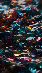 Fototapeta premium A close-up view of colorful droplets on a reflective surface, showcasing a variety of shapes and sizes. The droplets exhibit vibrant hues of blue, orange, and purple, creating a mesmerizing pattern.