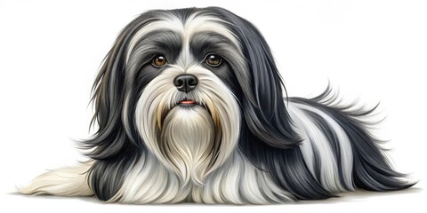 A Close-Up Portrait of a Black and White Shih Tzu, Digital Painting, White Background, Dog Portrait, Shih Tzu, Dog, Pet