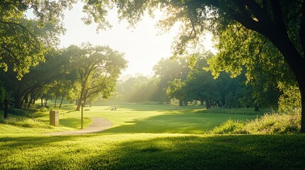 Fototapeta premium Beautiful Green Meadow with Trees and Pathway at Sunrise