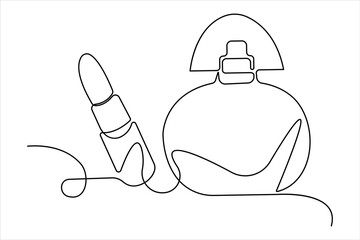 Hand drawn perfume bottle design. One line continuous drawing of outline vector illustration
