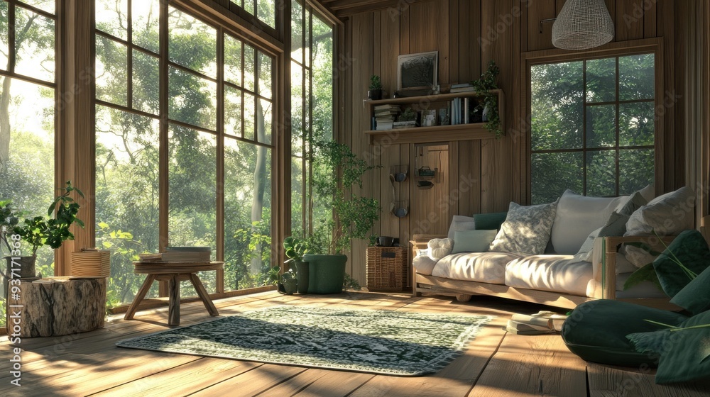 Poster A wooden cabin interior with large windows overlooking a lush green forest. The room features a comfy couch with pillows, a rug, and various plants.