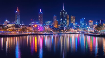 Fototapeta premium Night Cityscape with Colorful Reflections on Water