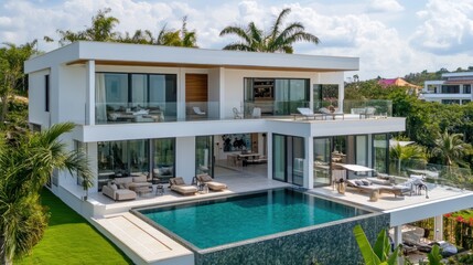 Fototapeta premium Modern white two-story home with a swimming pool, glass railings, and a lush green lawn.
