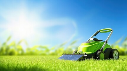 Fototapeta premium Electric lawn equipment powered by solar energy, sleek and efficient, bright day in a clean garden