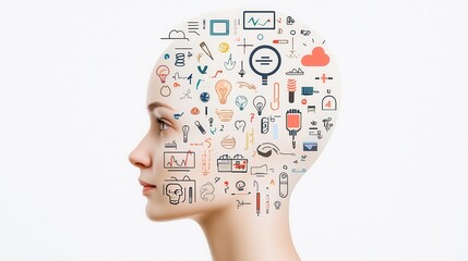 Woman s Head Filled with Colorful Doodle Icons and Symbols