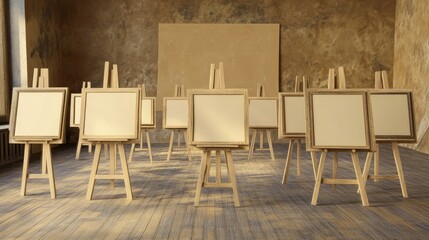 Obraz premium Empty art room with easels and blank canvases, warm ambient light