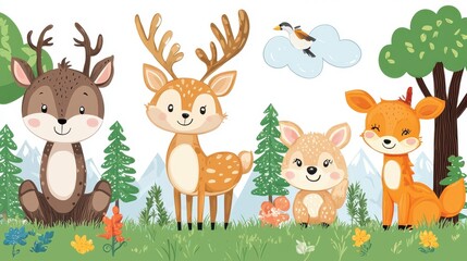 Naklejka premium Cute Cartoon Deer Family in Forest Illustration
