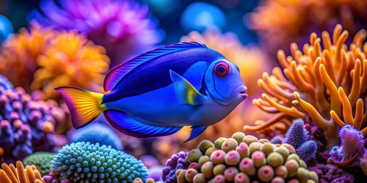 A Vibrant Blue Tang Fish Swims Amidst Colorful Coral, tropical fish , underwater photography , reef tank , marine life