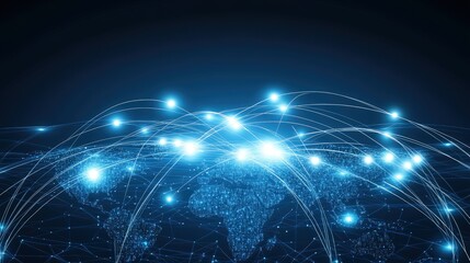 Obraz premium Global business network visualized with lines connecting different cities, dark background with glowing lines