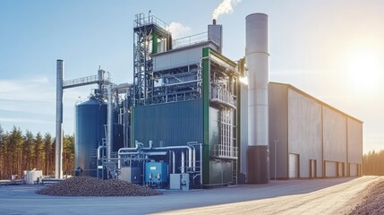 Obraz premium Modern biomass energy plant with eco-friendly design, clean lines, bright daylight