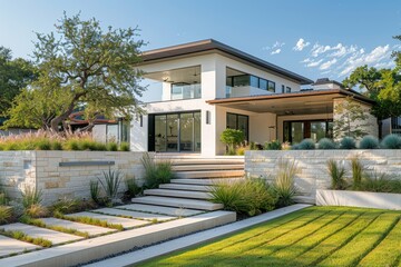Modern farmhouse front yard with large concrete wall, white house, native plants, small tree, and grassy area in modern landscape design.