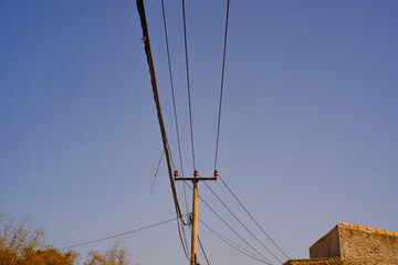 Panoramic Landscape of Electric pole with orange light of evening sky. Textured Details. Wallpapers...