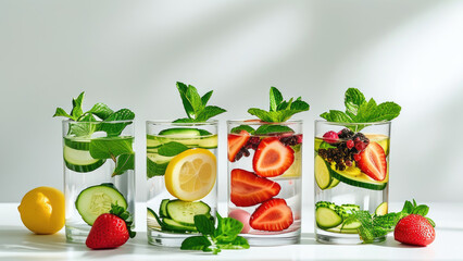 Naklejka premium Varieties of Infused Water with Fresh Fruit Chunks: Healthy and Refreshing Beverages