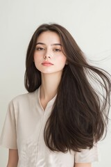 Fototapeta premium A woman with long brown hair is posing for a picture
