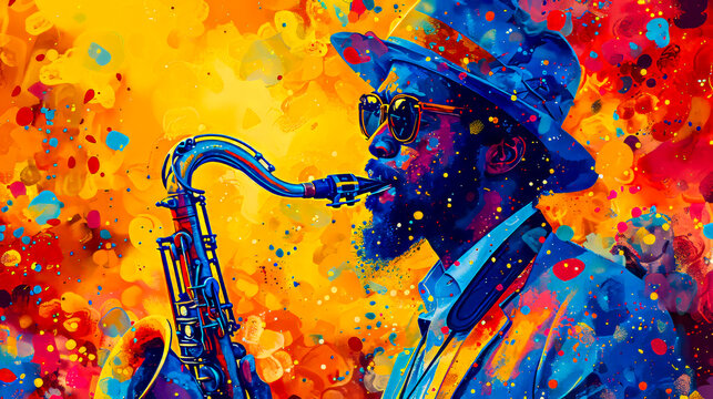 Jazz Saxophone Player in Vivid Colors: A vibrant, abstract painting captures a jazz musician in the throes of musical expression, playing a saxophone against a backdrop of swirling, colorful hues. The