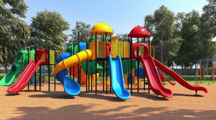 Public park with upcycled playground equipment, vibrant colors, sunny day
