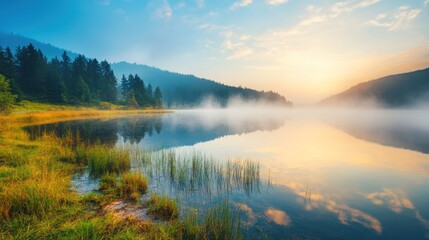 Obraz premium Misty Sunrise Over a Tranquil Mountain Lake
