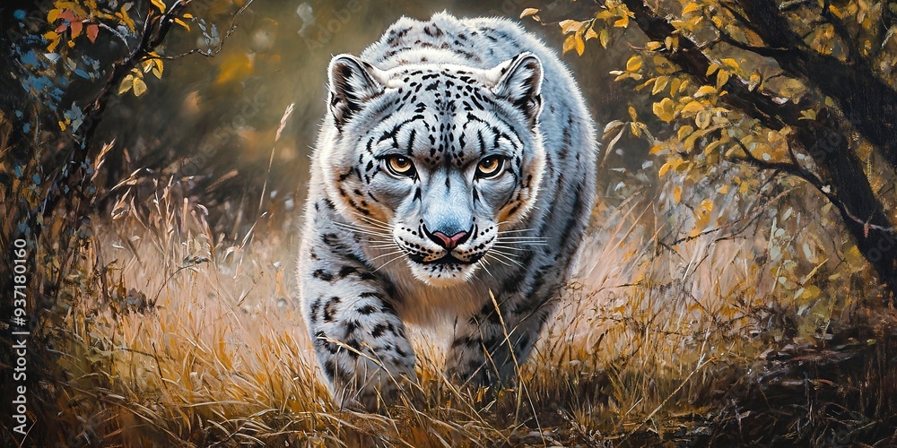 Wall mural a snow leopard up close in a grassy field, surrounded by trees and bushes in the foreground