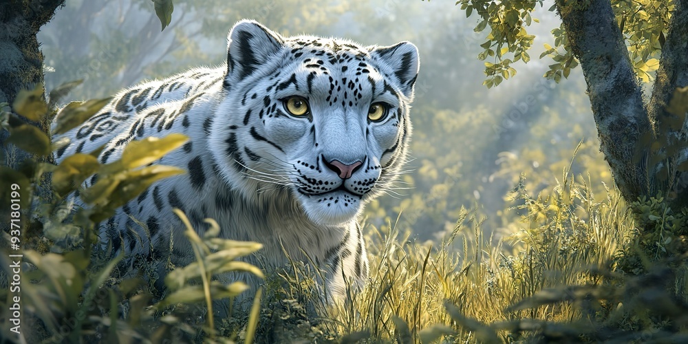 Sticker A snow leopard up close in a grassy field, surrounded by trees and bushes in the foreground 