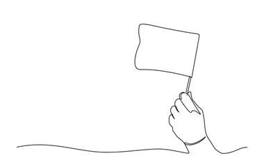One continuous line drawing hand holding white flag. Hand holds flag in single line illustration.