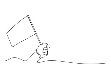 One continuous line drawing hand holding white flag. Hand holds flag in single line illustration.