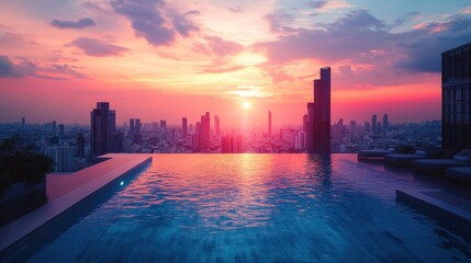 Naklejka premium Top view of Luxurious rooftop swimming pool overlooking a modern city skyline at sunset