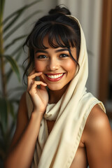 Fototapeta premium A young woman with long hair and a bright smile, showcasing her clear skin and expressive eyes. The background is softly blurred, emphasizing her cheerful expression.