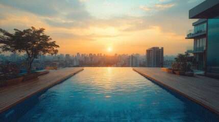 Fototapeta premium Top view of Minimalist rooftop pool with wooden deck, cityscape view at sunrise, tranquil atmosphere