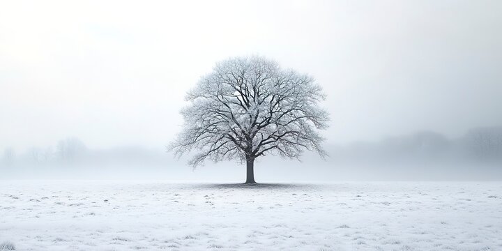 A single oak tree stands alone in a vast snowy field, surrounded by a blanket of white snow and engulfed in a misty fog.