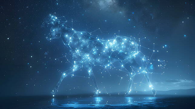 Capricorn Zodiac signs. Image of aries sign with glow blue stars on black background. Cultural and astrological belief. Zodiac signs, stars and horoscop concept digitally generated image.