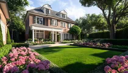 Fototapeta premium A red brick house with white trim and a lush green lawn, surrounded by trees and flowers.