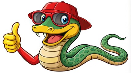 Fototapeta premium A colorful, smiling snake mascot wearing a red hat and sunglasses, gesturing with a thumbs up, symbolizing fun, positivity, and school spirit.
