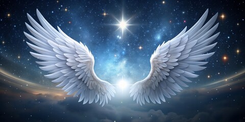 Celestial Wings A Digital Painting of White Feathered Wings Against a Starry Night Sky, angel, wings, fantasy, celestial