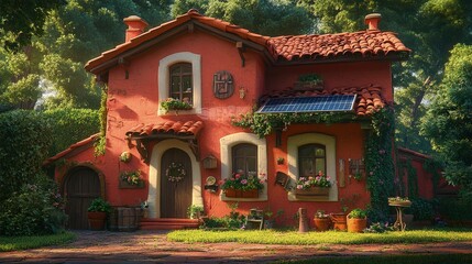 Obraz premium Sustainable home with a solar roof and rainwater collection system, surrounded by greenery, bright sunlight