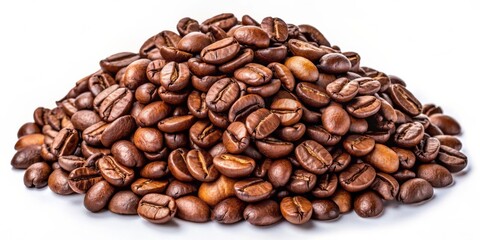 Naklejka premium Coffee Bean Pile - Close-up Photography, White Background, Roasted Coffee Beans, Caffeine, Coffee, Beverage, Aroma
