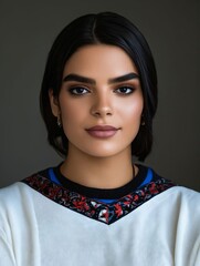 A woman with dark hair wearing a white sweater and a blue and red collar