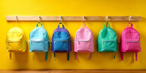 Colorful Backpacks on Yellow Wall, Backpacks, School, Education, Kindergarten