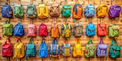 Fototapeta premium Colorful Backpacks on Wooden Wall, Backpacks, Color, Wall, Adventure