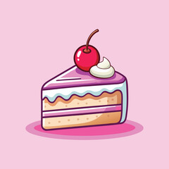 Cartoon Vector Icon Illustration of a Birthday Cake Slice with Cherry
