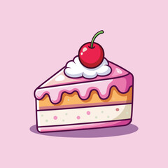 Cartoon Vector Icon Illustration of a Birthday Cake Slice with Cherry
