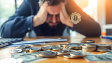 A man in a suit using smartphone despairs with floating digital money coins illuminated by light beams, symbolizing cryptocurrency fall and digital finance.
