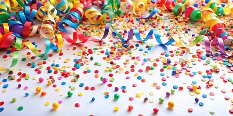 Colorful Party Confetti and Streamers on White Background, confetti, streamers, celebration , party