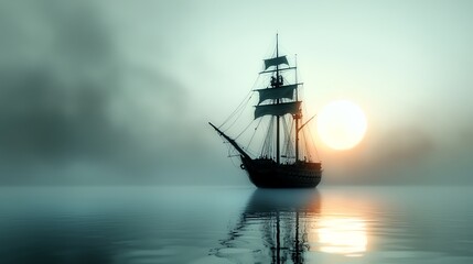 Fototapeta premium 1 Pirate ship, haunted by ghostly crew, full moon above, eerie mist, Watercolor style
