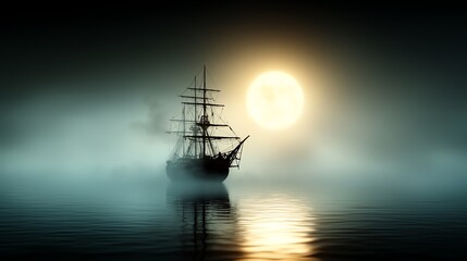 Fototapeta premium 1 Pirate ship, haunted by ghostly crew, full moon above, eerie mist, Watercolor style