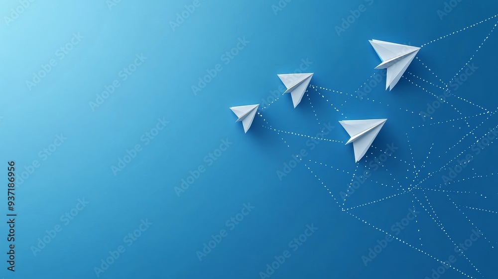 Canvas Prints Paper Planes Connecting in Network - Teamwork, Collaboration, and Success - Four paper airplanes flying in formation, connected by dotted lines, symbolizing teamwork, collaboration, success, connectio