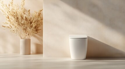 High-tech smart toilet paired with an elegant, minimalistic brush holder, set against a neutral-toned wall with ambient lighting