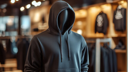 Obraz premium Mock up replica hoodie in stainless steel mannequin standing in luxurious shop.