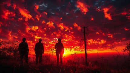 Fototapeta premium A group of people standing in front of a sunset