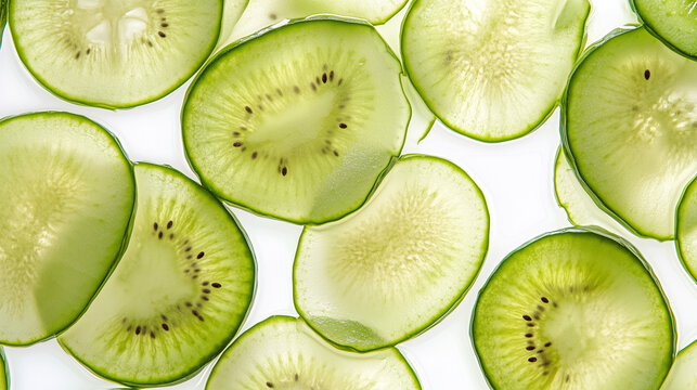 slices of kiwi fruit, thin slices of cucumber and kiwi overlapping on a white background