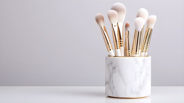 Luxurious marble brush holder with gold details, combined with a tiered storage system for cosmetics and accessories